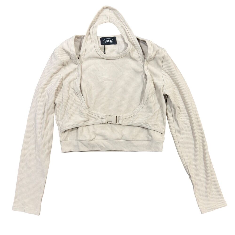 Cider Cropped Top Womens Large Beige Ribbed Buckle Waist Long Sleeve Halter Neck